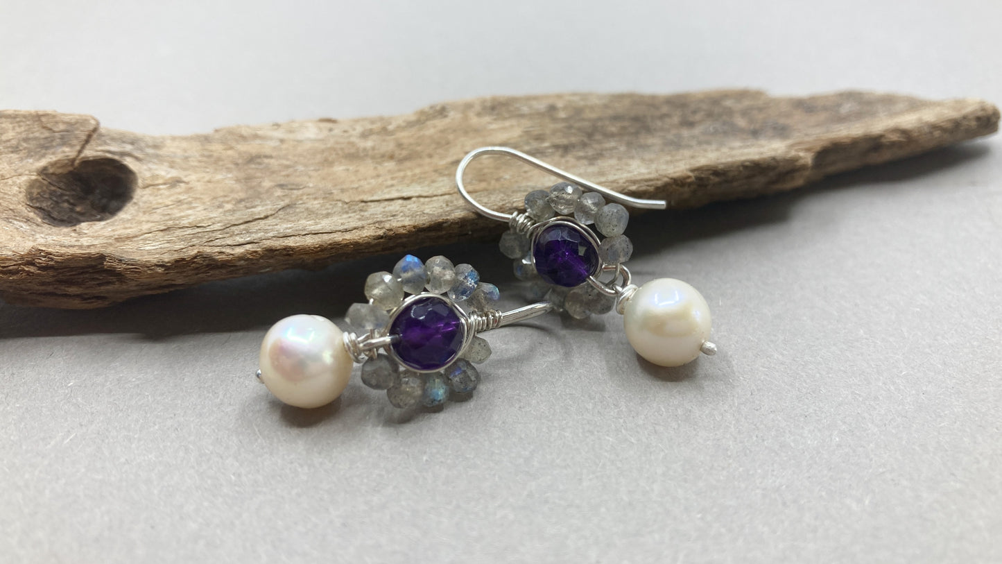 Silberohrringe mit Labradorit-Amethyst und Süßwasserperle