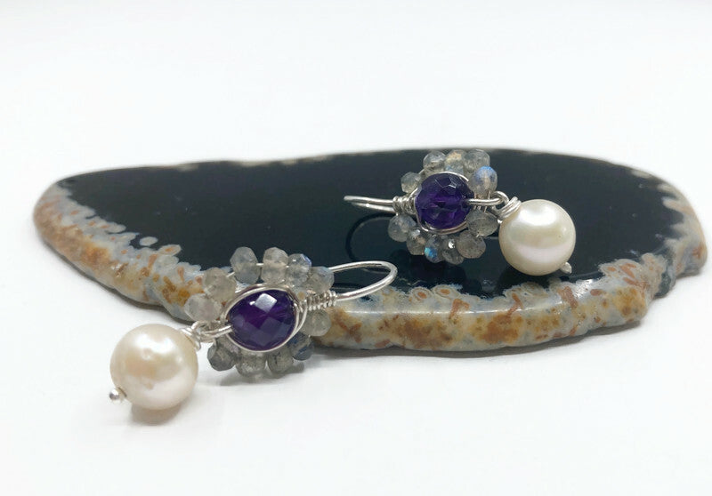 Silberohrringe mit Labradorit-Amethyst und Süßwasserperle