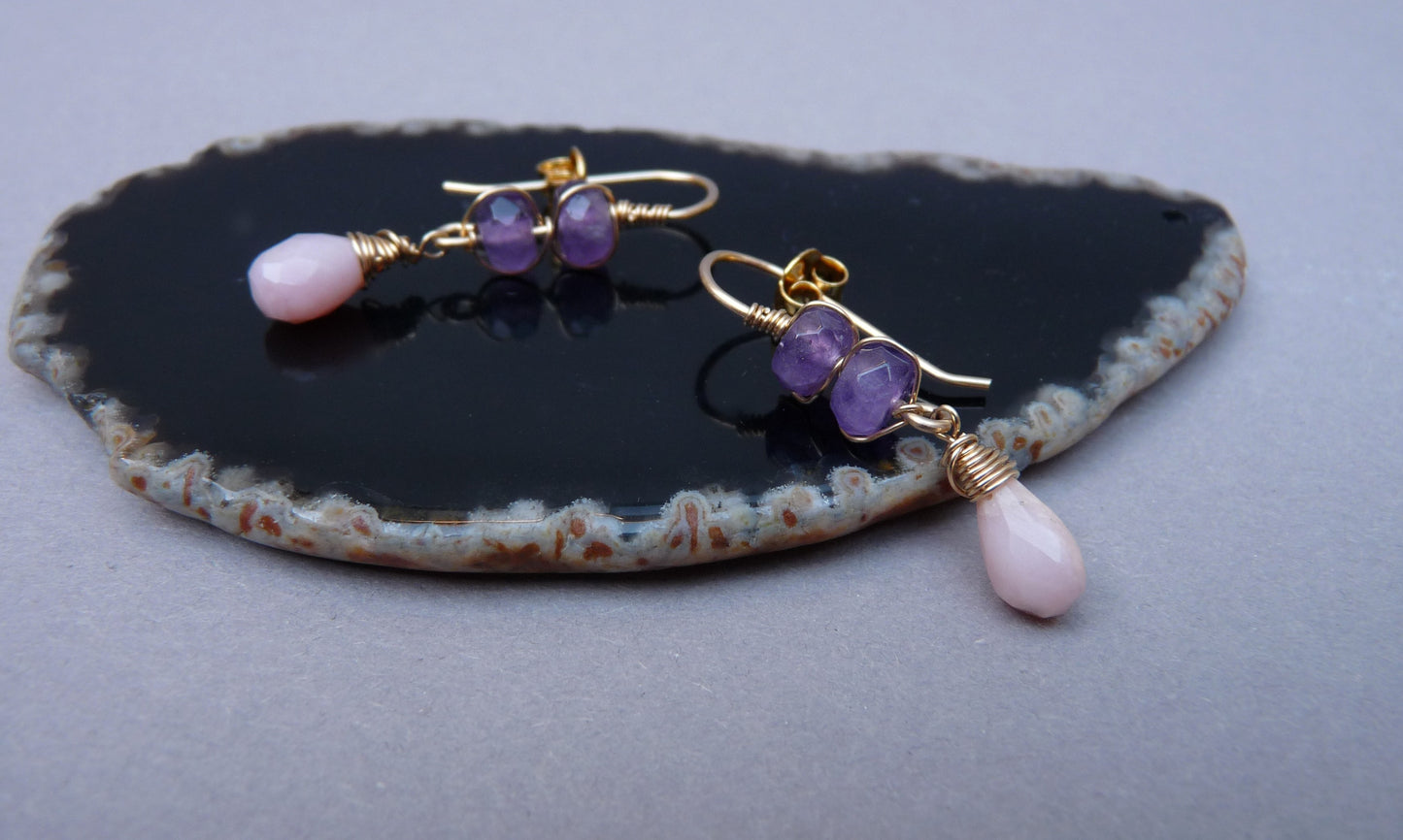 14k Goldfilled Oorbellen met Amethist en Roze Opaal – Exclusieve Handgemaakte Edelsteen Oorbellen