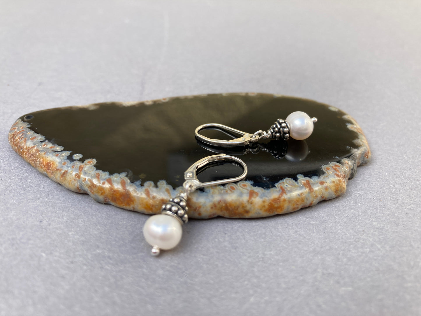Silver men's earrings with pearl, cool earrings for men