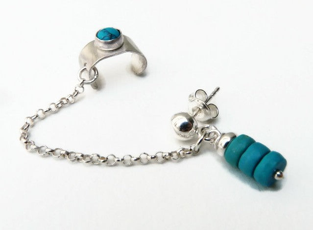 Moderner Herren-Ohrstecker mit Kette und türkisfarbenen Ohrsteckern