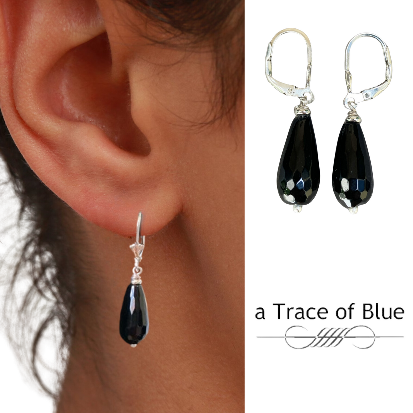 Zwarte Onyx Druppel Oorbellen met Sterling Zilveren klaphaakjes