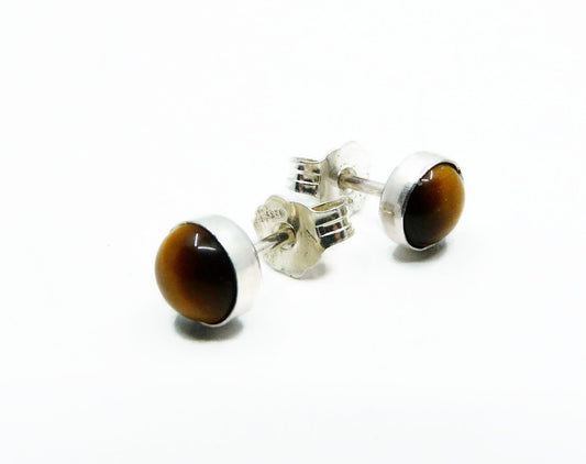 Silver Men's Stud Earrings with Tiger Eye - Cool Handmade Men's Earrings