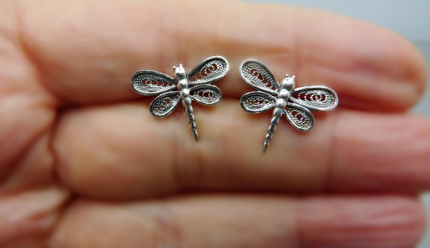 Silberne Libellen-Ohrringe in Filigran, Ohrringe in dunklem Silber