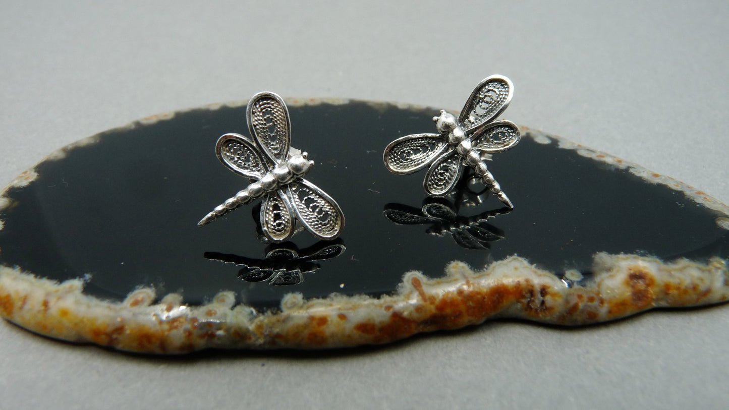 Silberne Libellen-Ohrringe in Filigran, Ohrringe in dunklem Silber