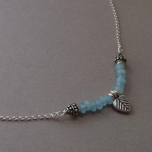 Silver necklace with Aquamarine and leaf