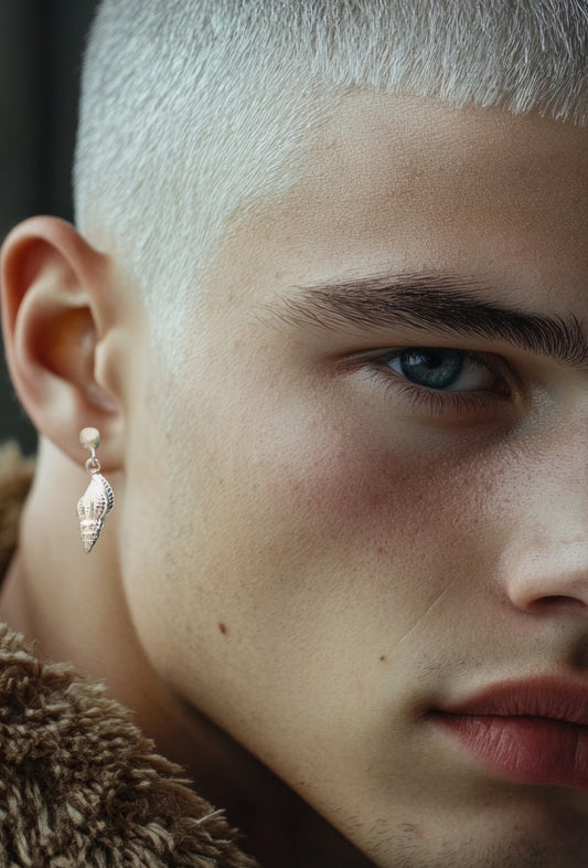Sterling Silver Men's Stud Earrings with Shell Charms