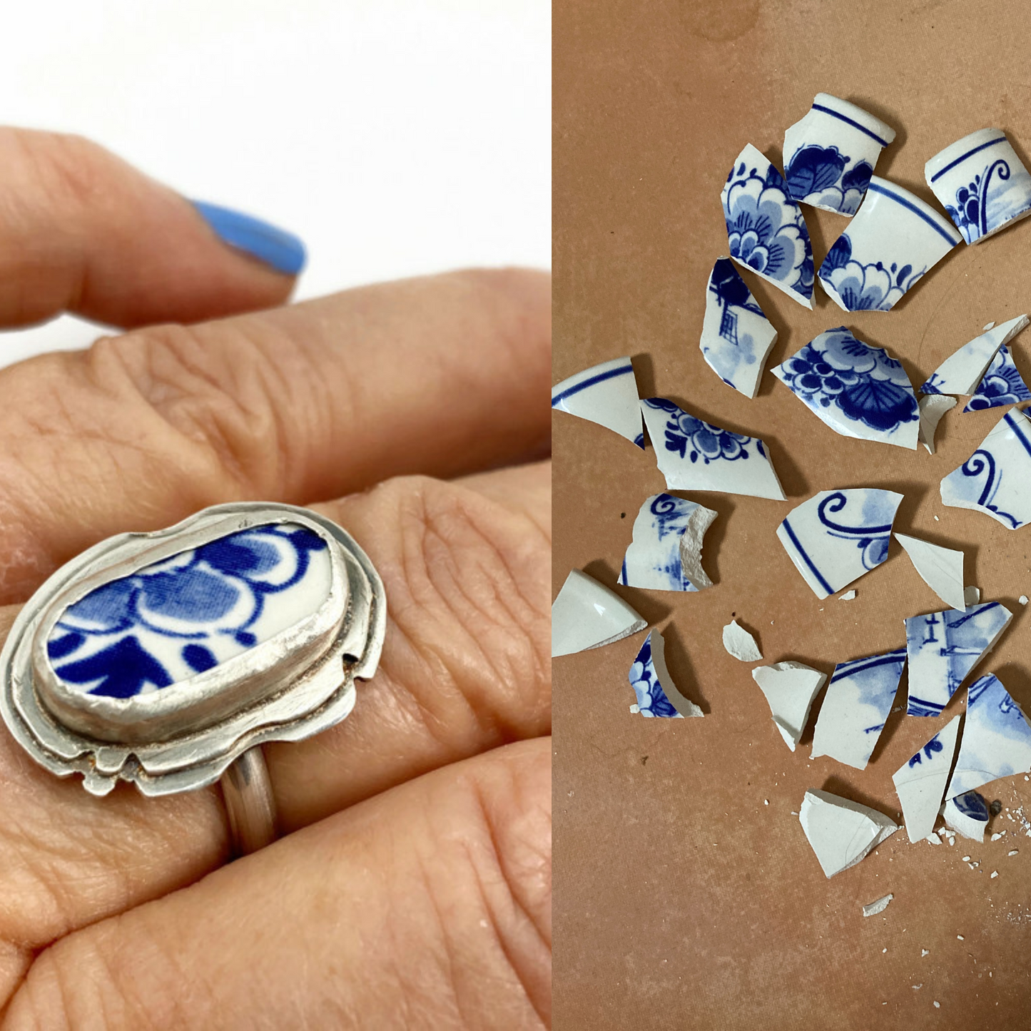 Delfts blauwe zilveren ring – handgemaakte statement ring met keramiek