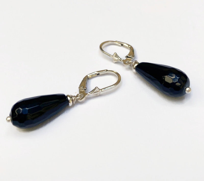 Zwarte Onyx Druppel Oorbellen met Sterling Zilveren klaphaakjes