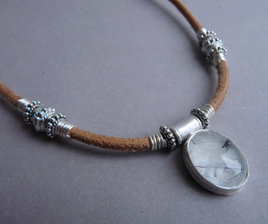 Men's Necklace - Leather Chain with Silver Tourmaline Quartz Pendant