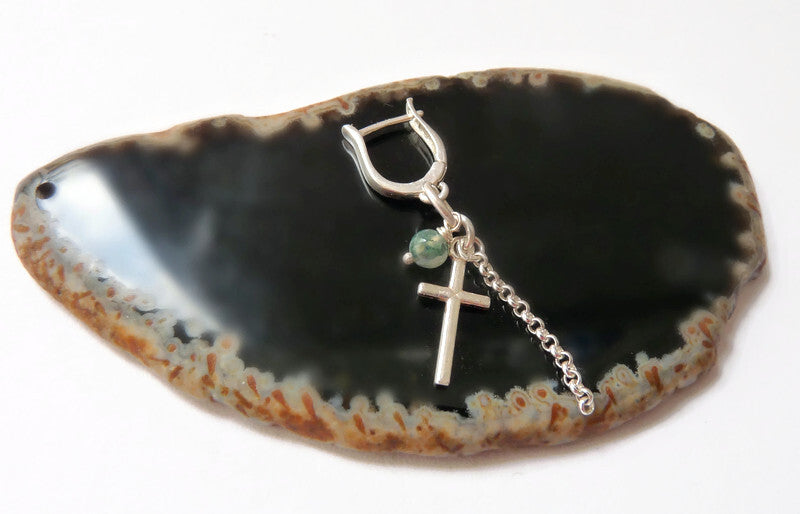 Men's silver earring with cross and tree agate bead – 4 cm