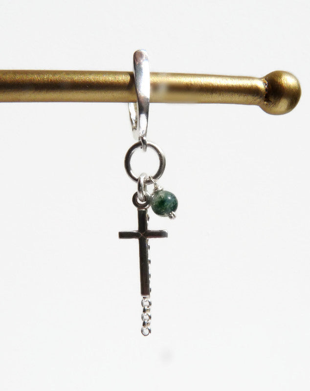Men's silver earring with cross and tree agate bead – 4 cm