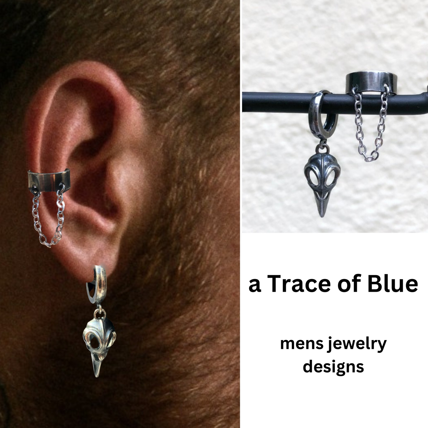 Sterling silver ear cuff with chain and raven skull earring