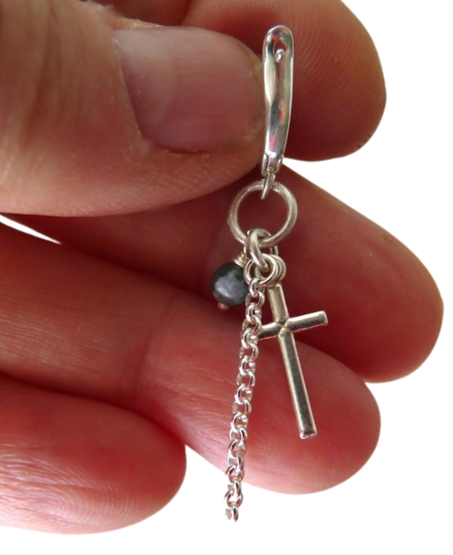 Men's silver earring with cross and tree agate bead – 4 cm