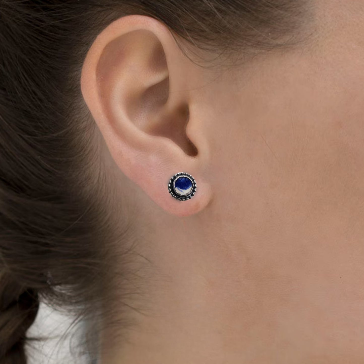 Handmade Delft blue stud earrings in sterling silver