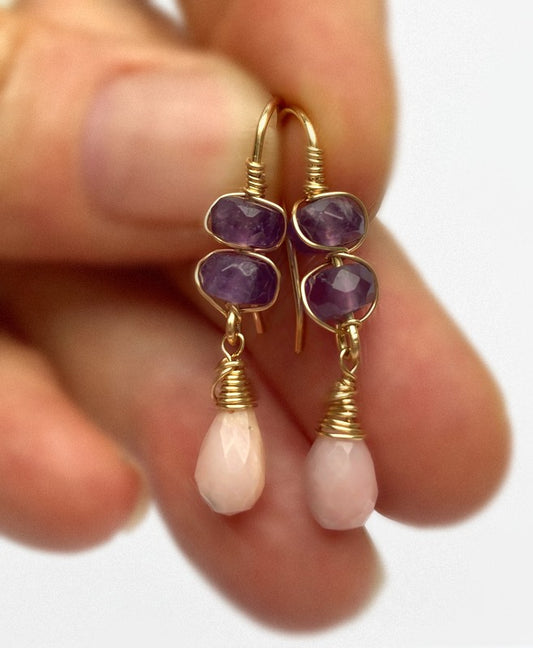 Elegante 14-karätige Goldfill-Ohrringe mit Amethyst und rosa Opal