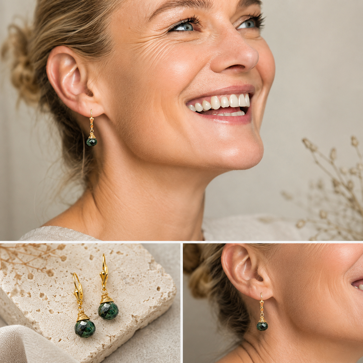 14k Gold-filled earrings with Emerald drop – elegant and handmade