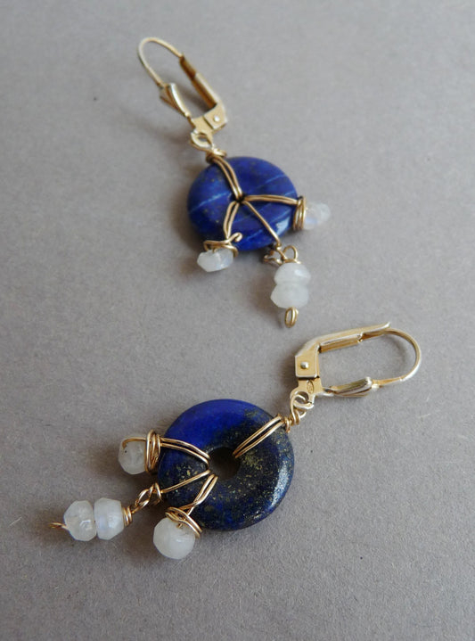 14k Goldfilled oorbellen – Maansteen en Lapis Lazuli