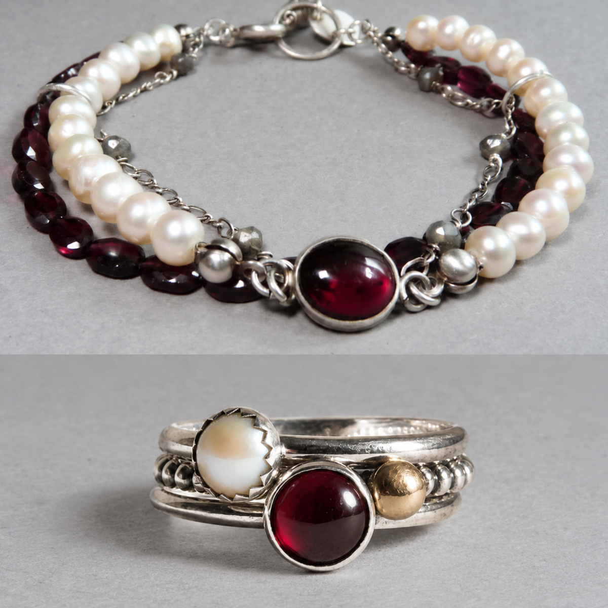 Maatwerk ringenset Vuur en Parel – eindbetaling en bijpassende armband