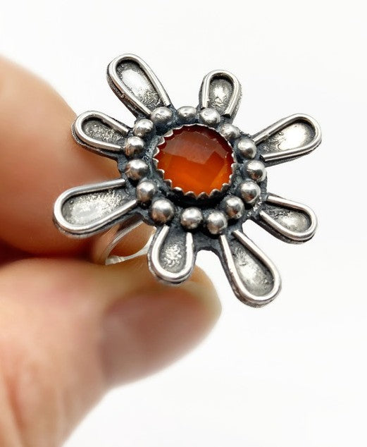 Carnelian silver ring — statement ring in flower shape handmade