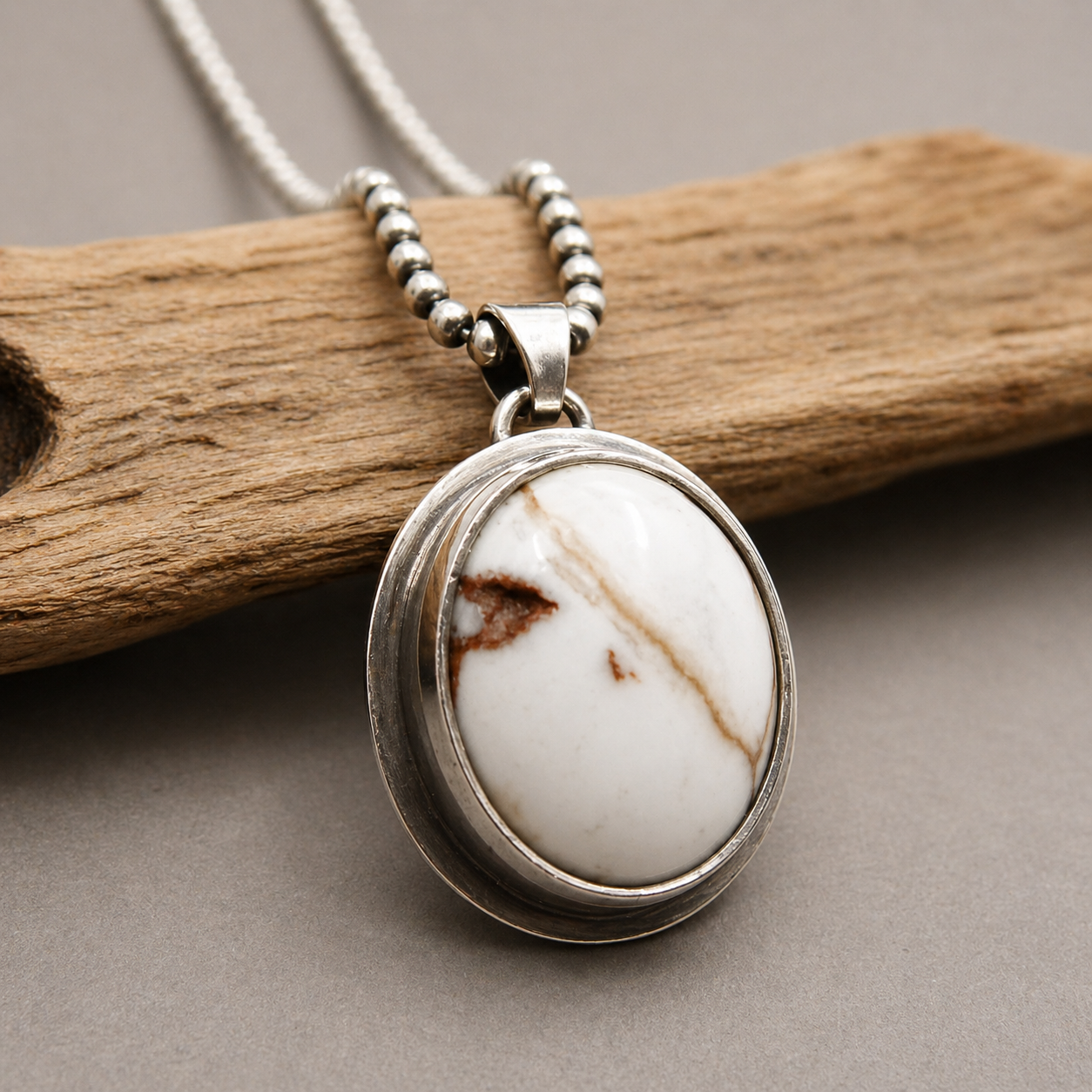 Silver Men's Pendant Necklace with Oval Wild Horse Gemstone