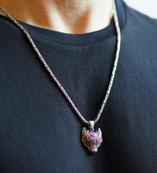 Zilveren herenketting met wolvenkop hanger – symbool van kracht
