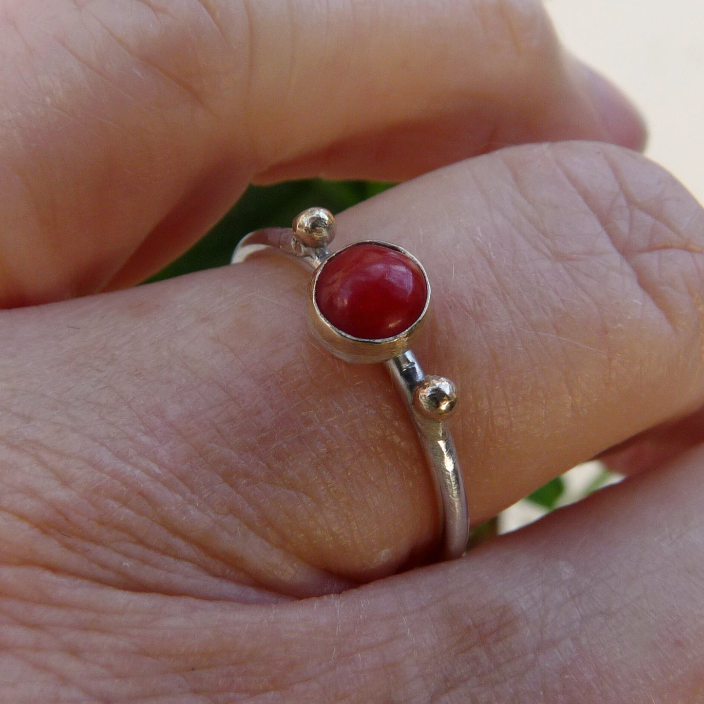 Gold stackable ring with coral – handmade silver sliding ring