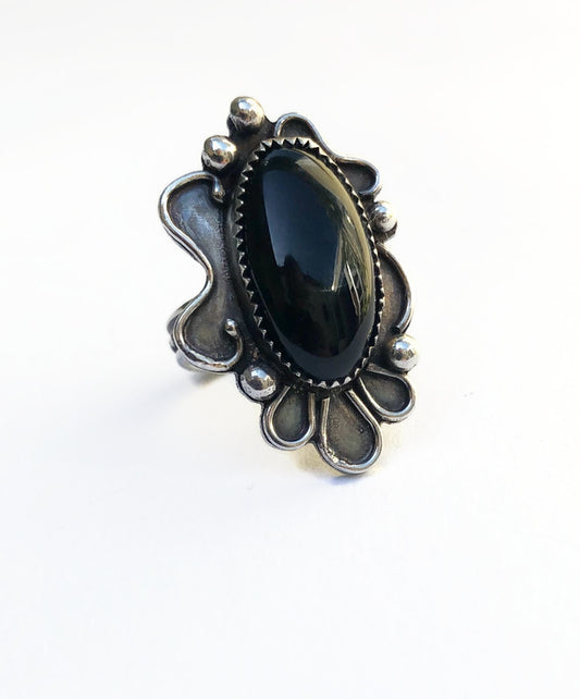 Handmade Silver Ring with Oval Onyx in Hippie Style