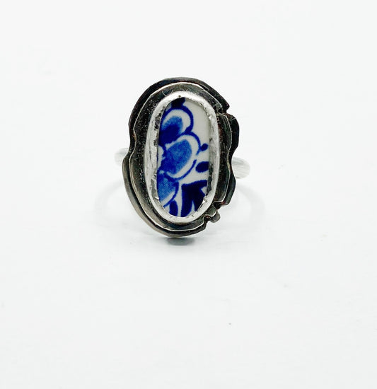 Silver ring with Delft blue ceramic, handmade silver ring