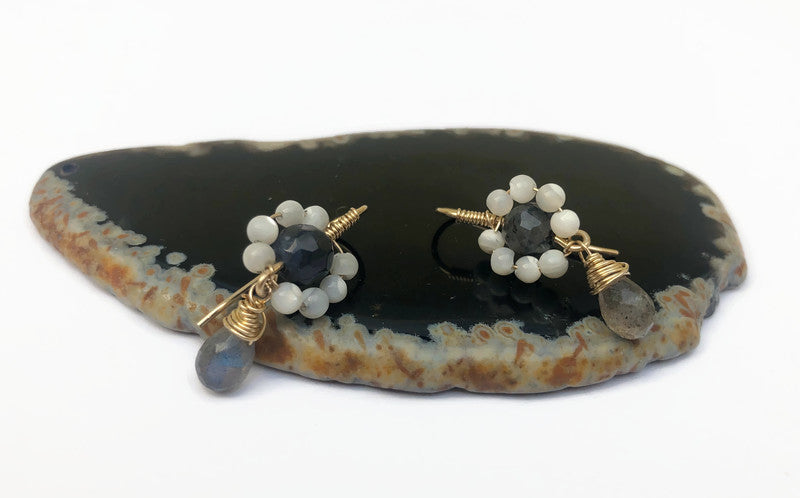 14k Goldfilled flower earrings with Spectrolite and Labradorite