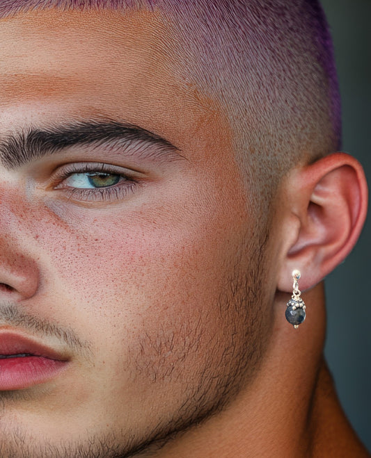 Male silver stud earrings with Spectrolite