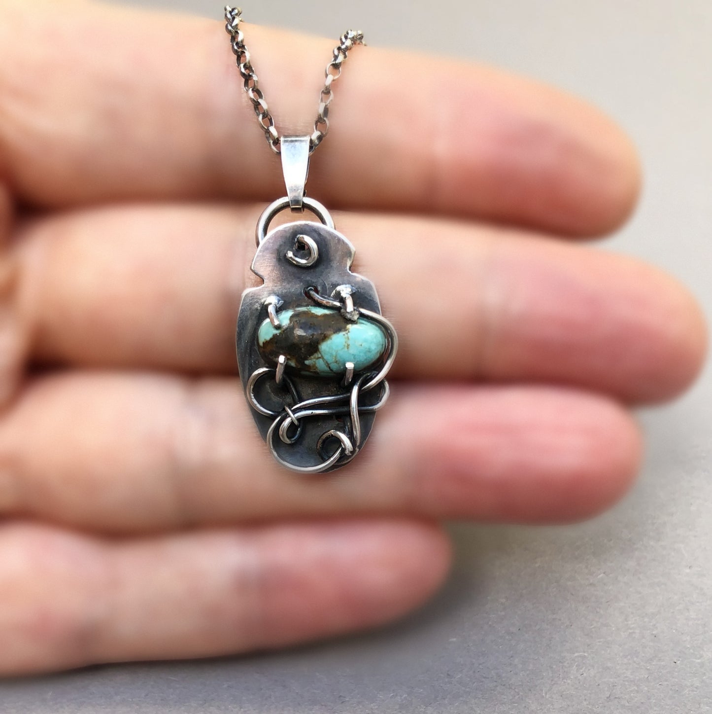 Silver Men's Necklace with Handmade Turquoise Pendant