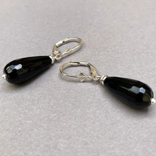 Black Onyx drop earrings with Sterling silver hooks