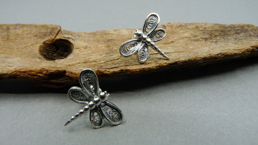 Silver Dragonfly earrings in filigree, earrings in dark silver