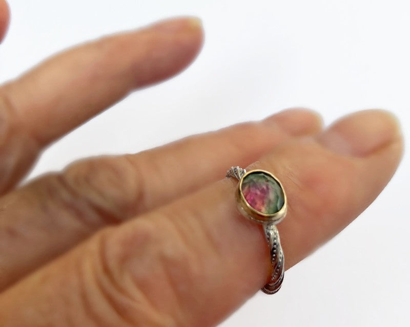 Gold stacking ring with watermelon tourmaline