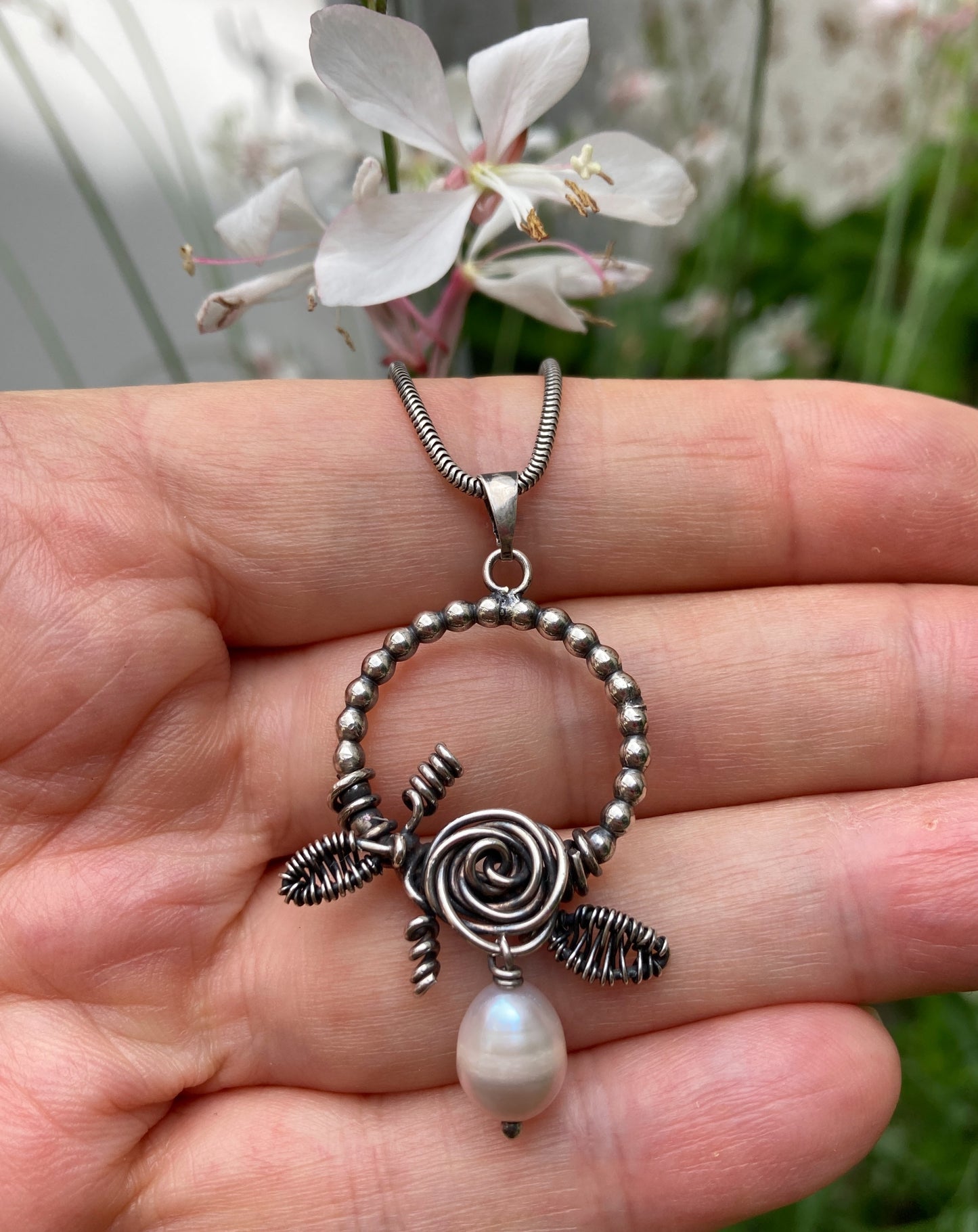 Silver Pearl Pendant Necklace with Rose