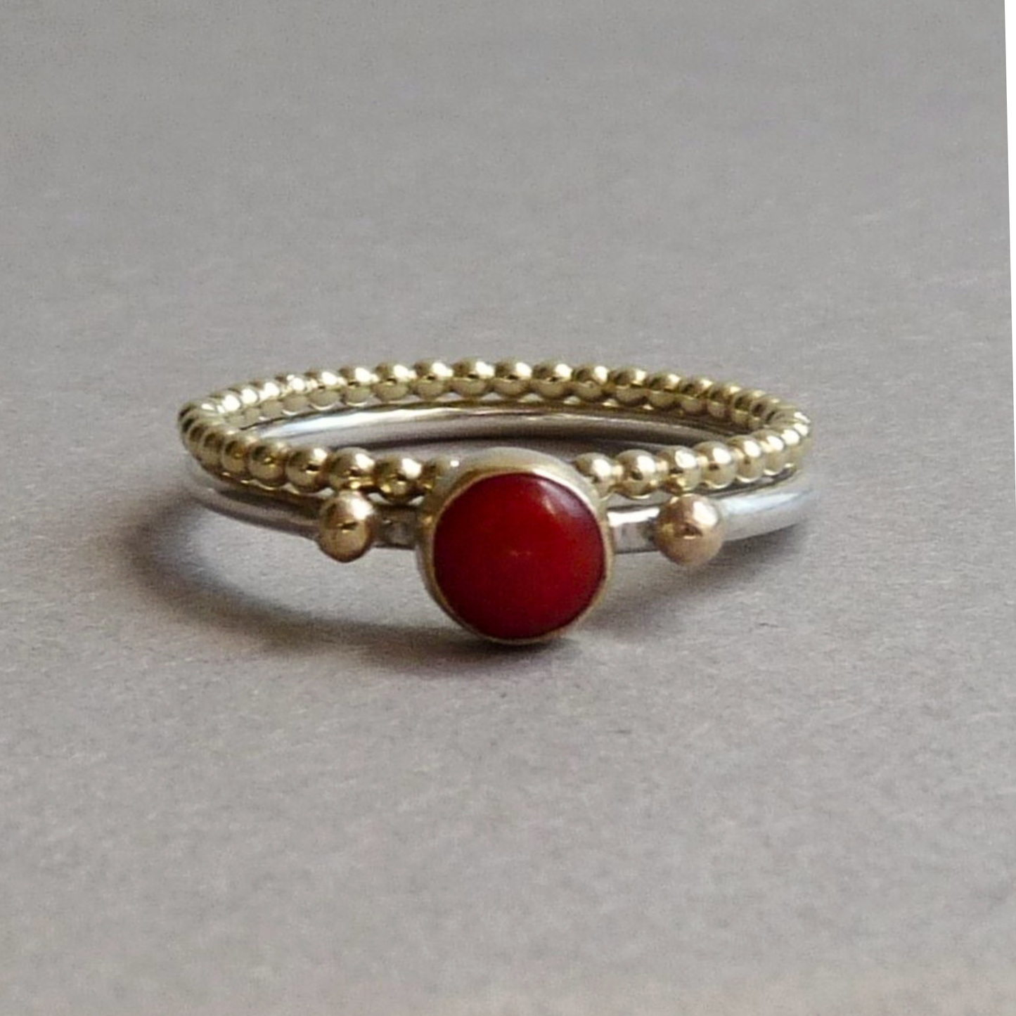 Gold stackable ring with coral – handmade silver sliding ring