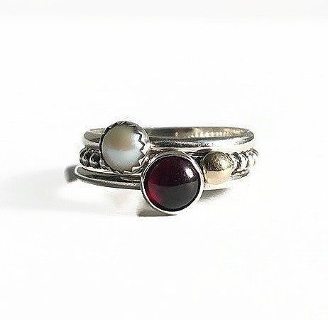 Stackable rings set with garnet, pearl and silver with 14k gold – Handmade | Fire &amp; Pearl Set