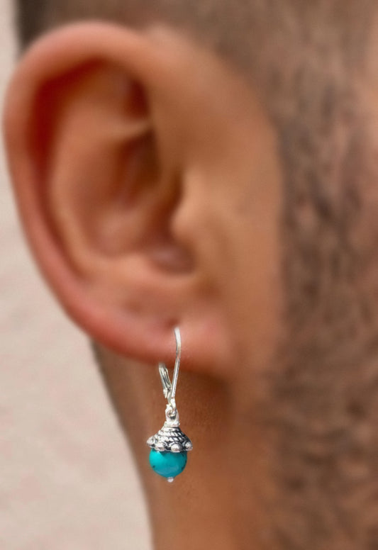 Silver Earrings for Men with Hooks and Turquoise