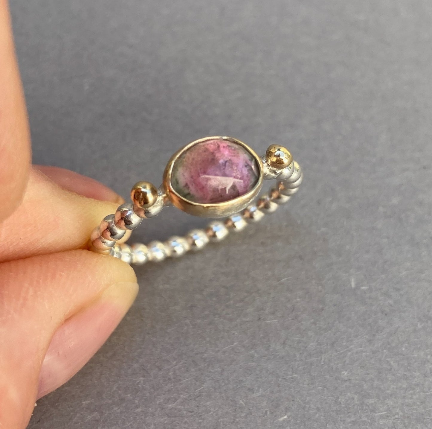 Sliding ring silver and gold with Strawberry Quartz Tourmaline