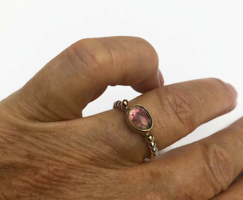 Sliding ring silver and gold with Strawberry Quartz Tourmaline