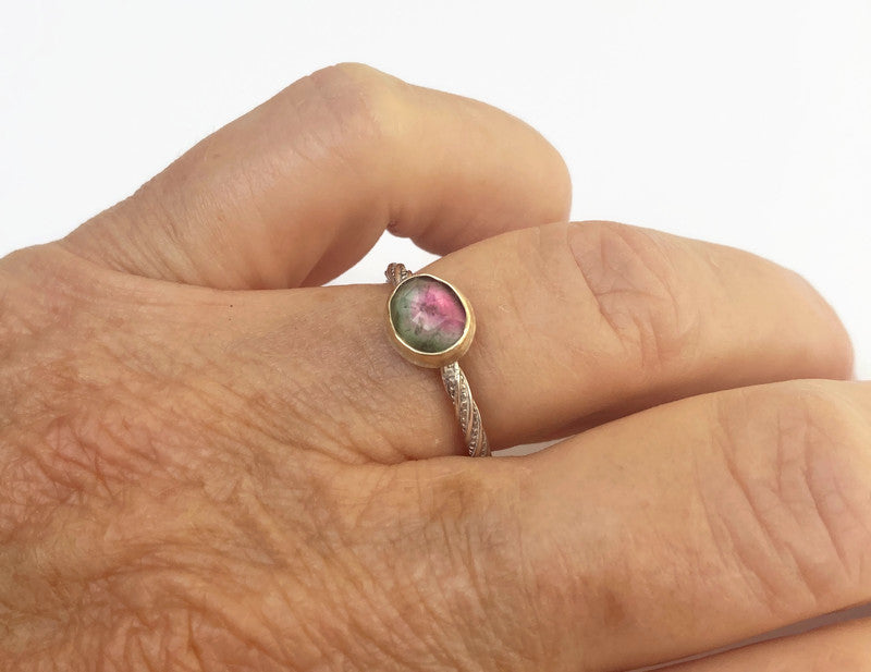 Gold stacking ring with watermelon tourmaline