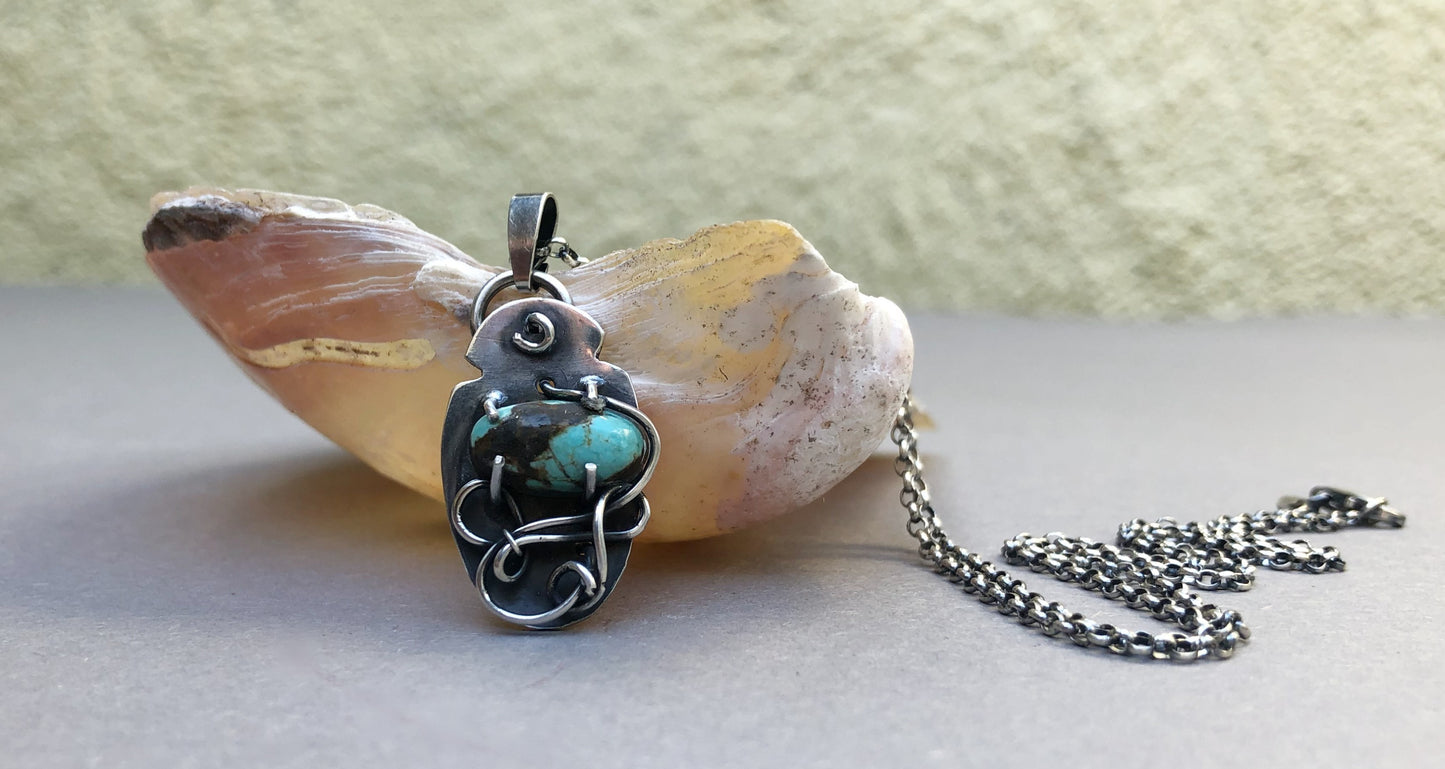 Silver Men's Necklace with Handmade Turquoise Pendant