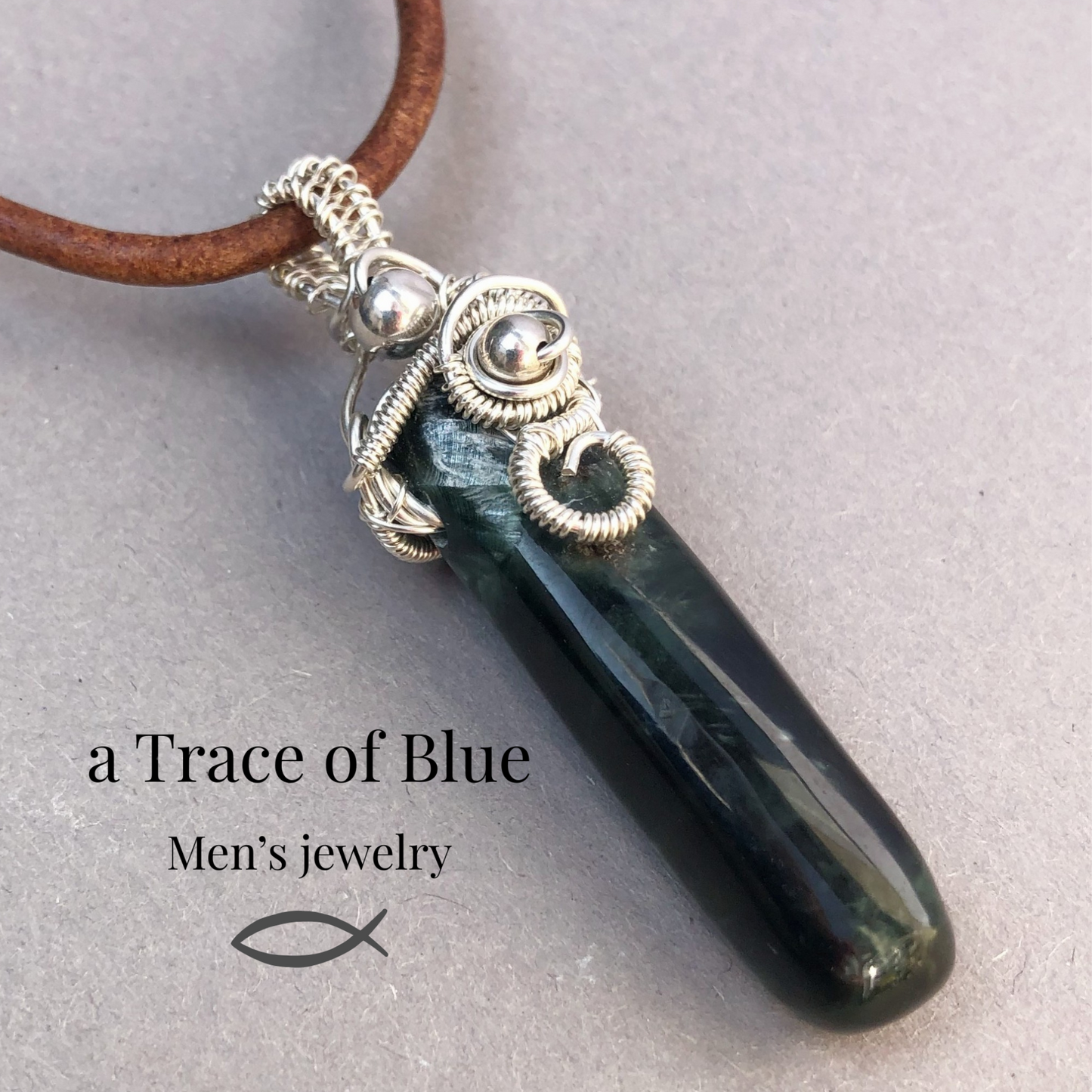 Leren heren ketting met natuursteen Serafiniet