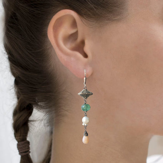 Long silver bridal earrings with pearl, strawberry quartz and opal