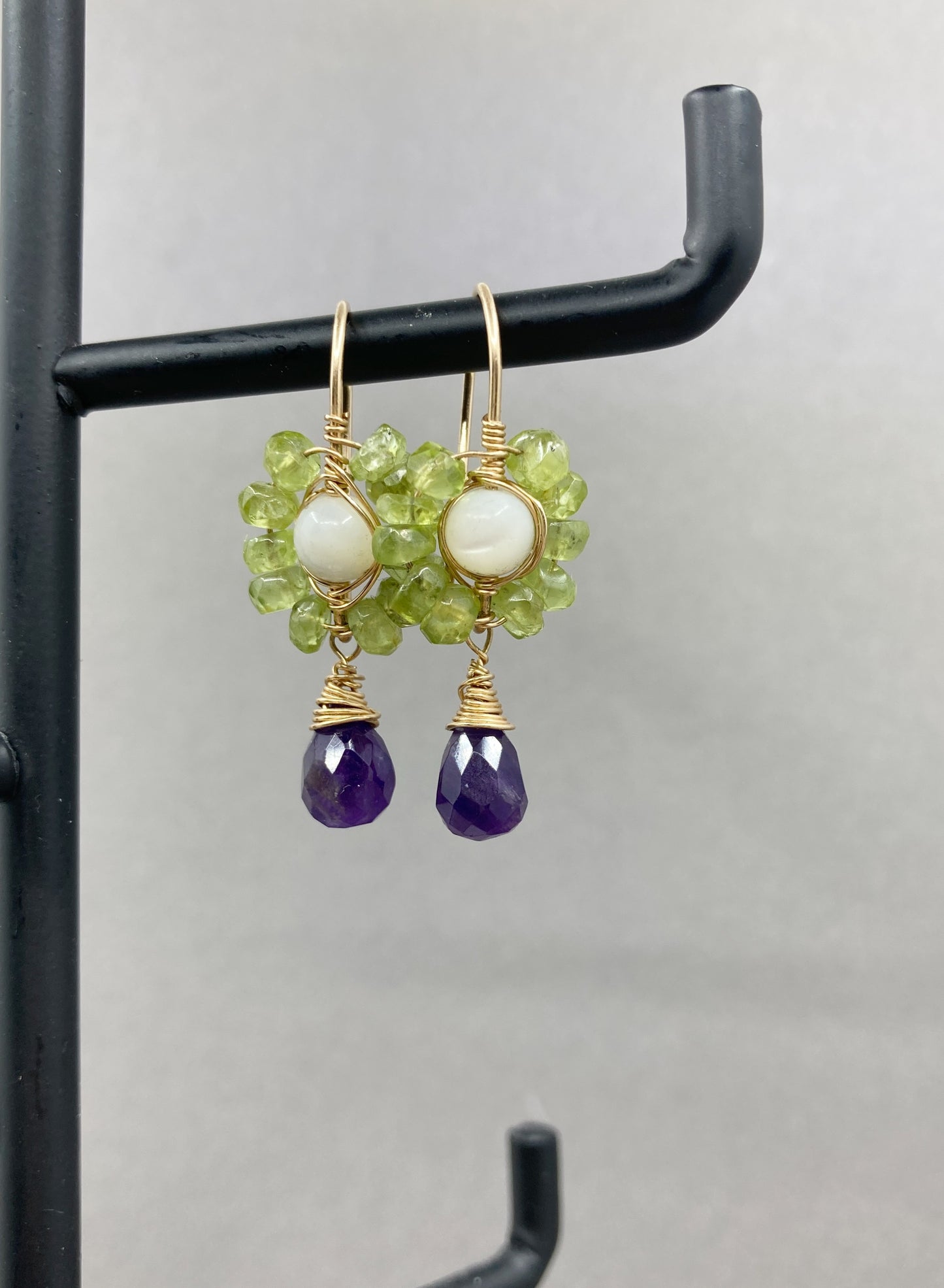 14K Goldfilled Earrings with Peridot and Amethyst