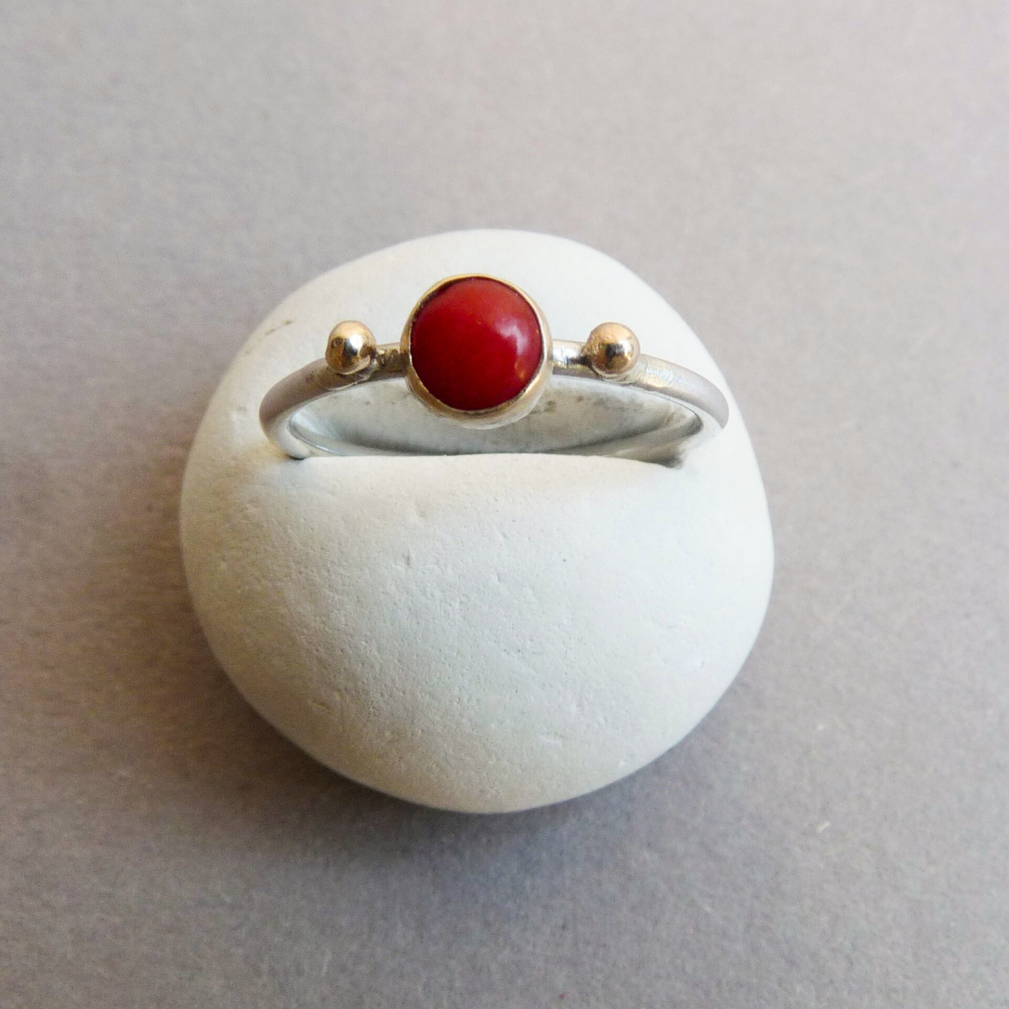Gold stackable ring with coral – handmade silver sliding ring