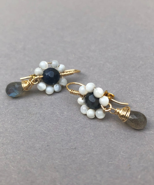 14k Goldfilled flower earrings with Spectrolite and Labradorite