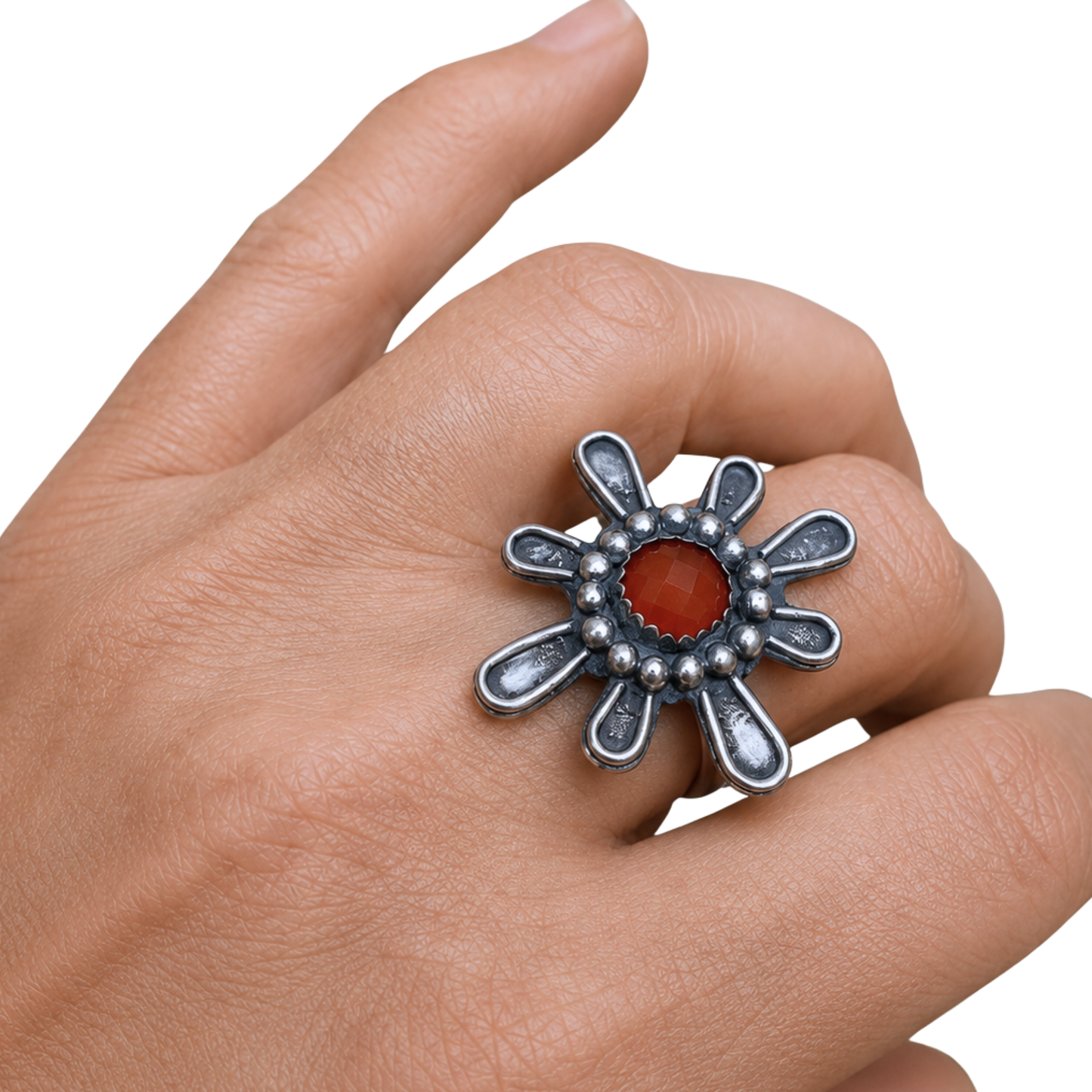 Carnelian silver ring — statement ring in flower shape handmade