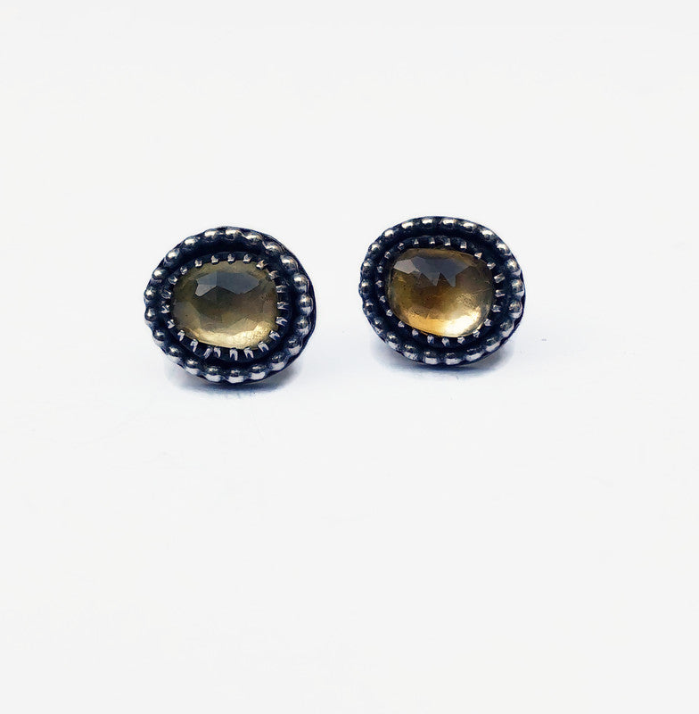 Vintage Citrine Stud Earrings in Oxidized Silver